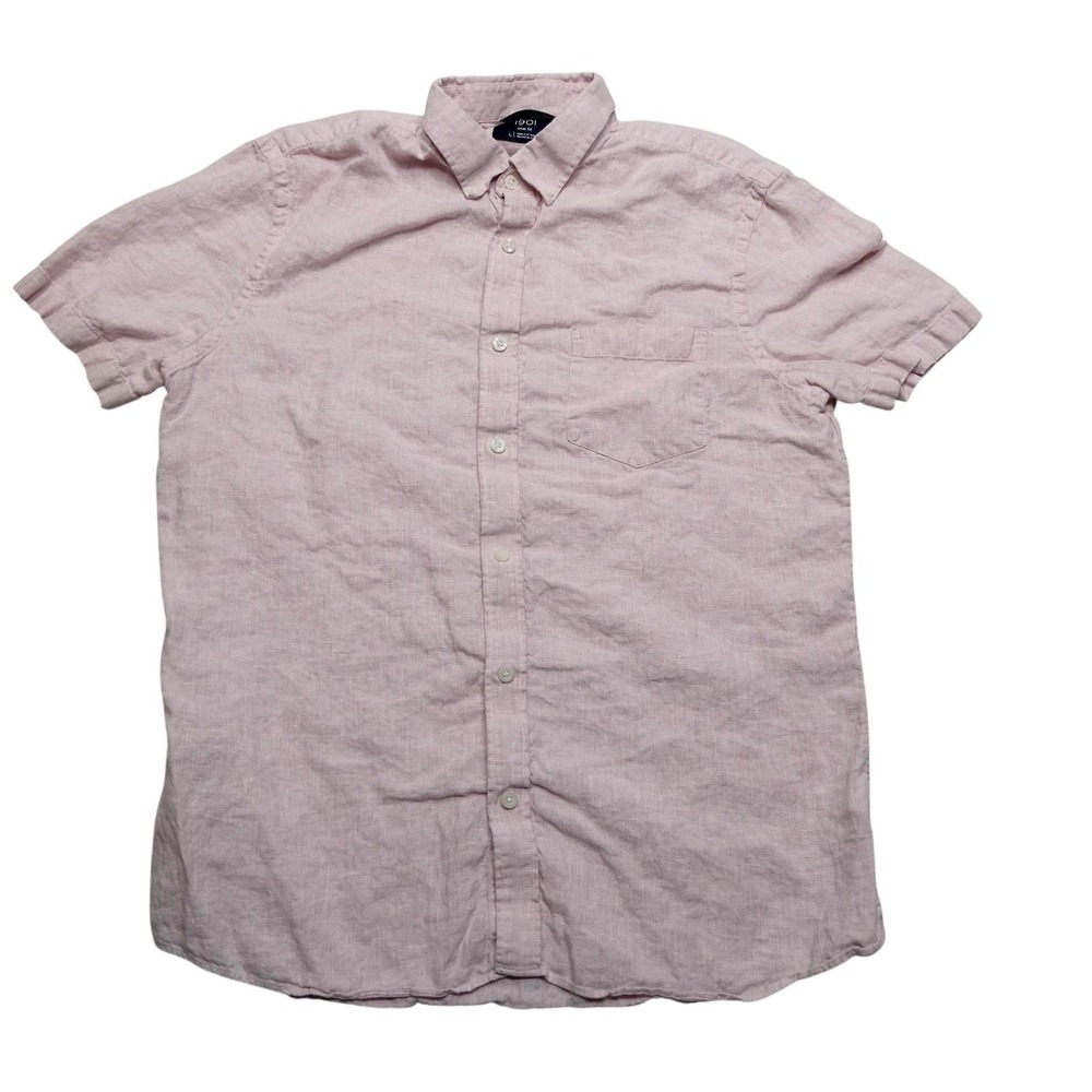 1901 Shirt Mens Large Pink Linen Trim Fit Short‎ Sleeve Button Front Casual